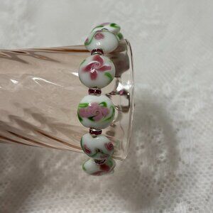 Pink Floral Lampwork Rondelle Glass Bead Bracelet 8.5" Fits 7.5" Toggle Clasp‎